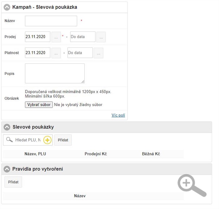 Formulář pro definování pravidel kampaně - Slevových poukázek