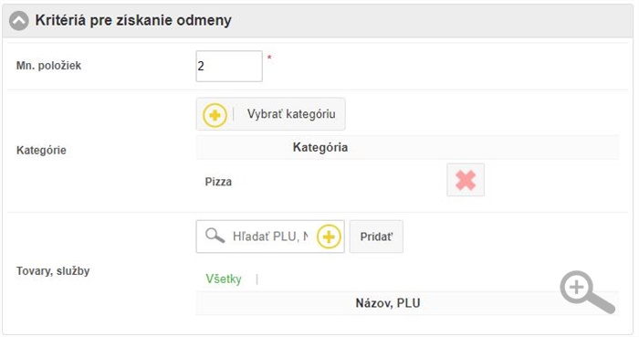 Nastavenie kritérií pre získanie odmeny Nastavenie kritérií pre získanie odmeny