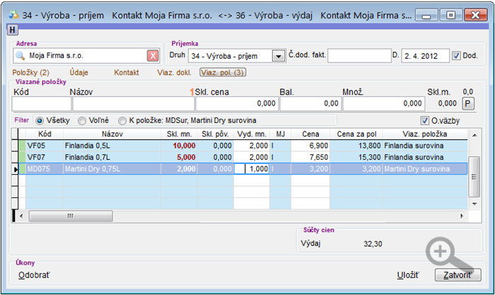 Výroba - príjem surovín - viazaná položky Výroba - príjem surovín - viazaná položky