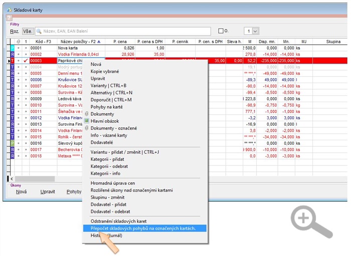 Možnosti pro práci ze skladovými kartami