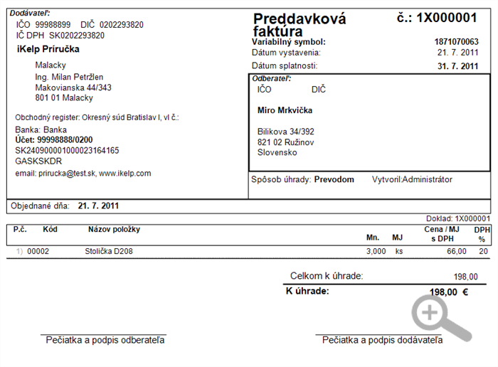 Vytlačená preddavková faktúra Financie - Vytlačená preddavková faktúra