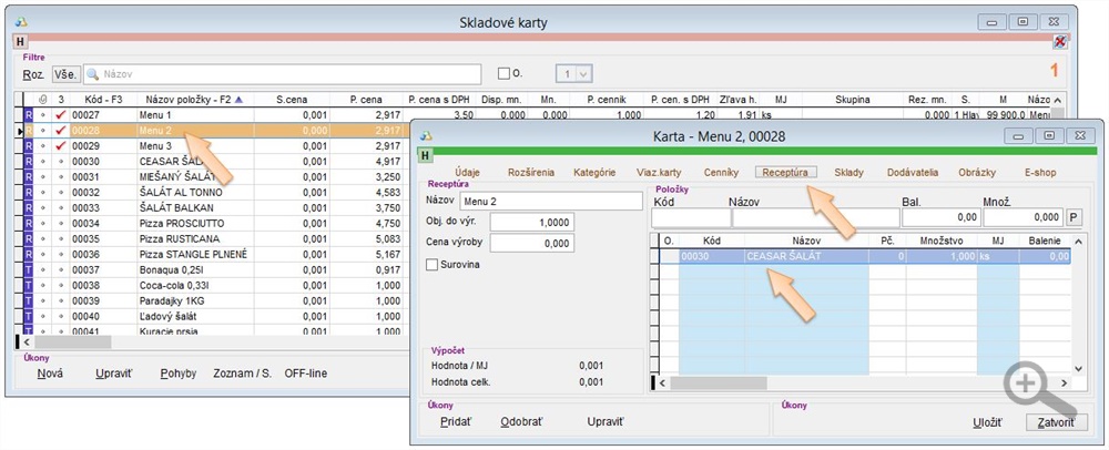 Predaj denného menu cez kartu typu receptúra Predaj denného menu cez kartu typu receptúra