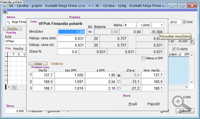 Výroba - príjem receptúry - nastavenia množstva príjmu Výroba - príjem receptúry - nastavenia množstva príjmu
