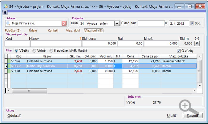 Výroba - príjem receptúr - viazané položky pred úpravou