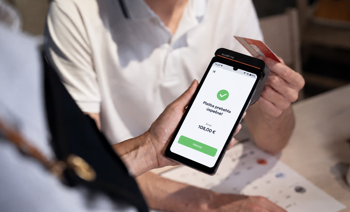 Obsluha s mobilnou pokladňou iKelp pri pulte prev&aacute;dzky