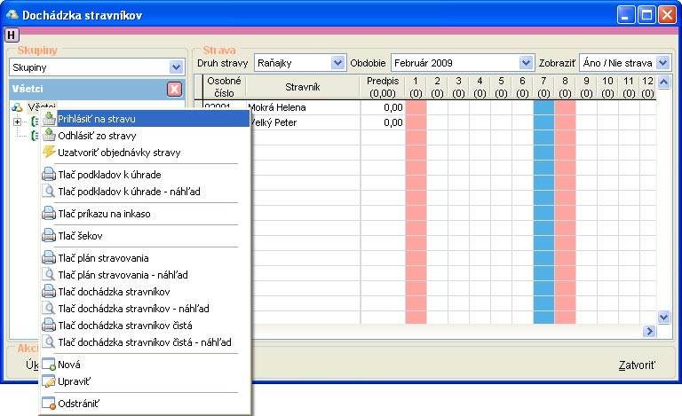 Prihlásenie skupiny stravníkov na stravu v okne Dochádzka stravníkov prihlasenie-skupiny-stravnikov-na-stravu