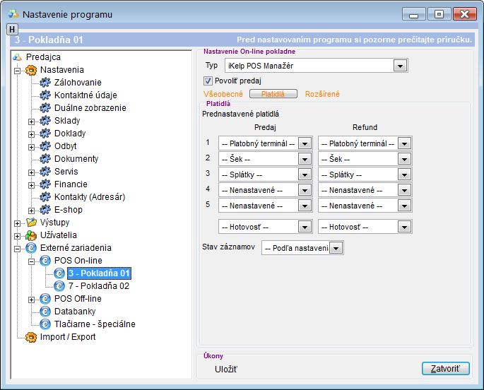 Nastavenia - POS on-line pokladňa - nastavenia platidiel