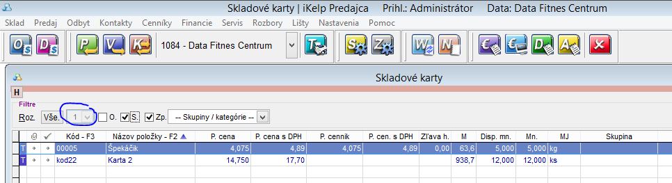 Aplikovaný filter na karty skladom pod užívateľom Administrátor Filter na skladove karty skladom pod uzivatelom Administrator