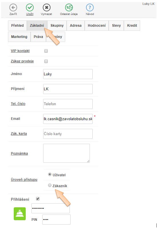 Nastavenie úrovne prístupu pre kontakt/užívateľa Nastavenie úrovne prístupu pre kontakt/užívateľa