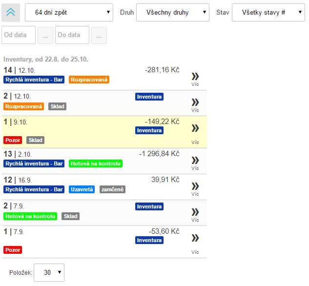 Roz&scaron;&iacute;řen&yacute; filtr a seznam inventur v inventurn&iacute;m seznamu aplikace
