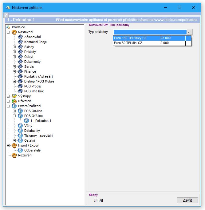 Nastavenia - off-line - výber typu pokladny