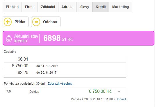 Záložka Kredit na kontaktu a jeho přehled
