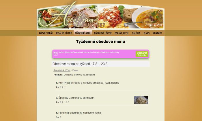 A Centrum Malacky tyzdenne menu