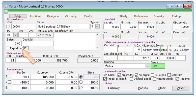 Nastaveni příznaku ZP na skladové kartě. Nastaveni příznaku ZP na skladové kartě.