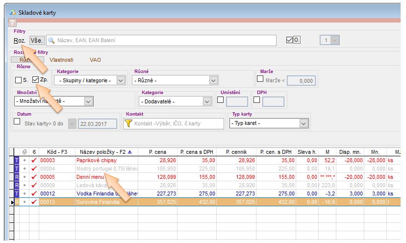 Filtr na skladové karty s příznakem "Zp" Filtr na skladové karty s příznakem "Zp"
